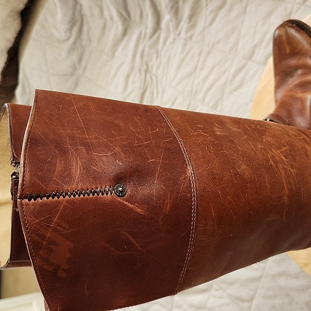 Frye Vintage Brown Leather Knee High Boots Side Zip Brass Harness Small Heel 8 - Picture 9 of 12